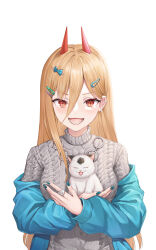 Rule 34 | 1girl, absurdres, animal, blonde hair, blue jacket, blue nails, bow, breasts, cat, chainsaw man, commentary request, german commentary, hair between eyes, hair bow, hair ornament, hairclip, highres, holding, holding animal, holding cat, jacket, jewelry, kiunchiku, medium breasts, meowy (chainsaw man), open mouth, power (chainsaw man), red eyes, ribbed sweater, ring, sharp teeth, smile, solo, sweater, teeth, turtleneck, turtleneck sweater, upper body