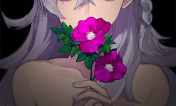 Rule 34 | 1girl, black background, braid, close-up, collarbone, covered mouth, fate/grand order, fate (series), flower, flower over mouth, head out of frame, hita (hitapita), holding, holding flower, long hair, nude, olga marie animusphere, pink flower, portrait, silver hair, simple background, solo