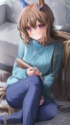 Rule 34 | 1girl, absurdres, admire vega (umamusume), animal ears, aran sweater, blue pants, blue sweater, blush, book, brown hair, cable knit, carpet, closed mouth, couch, feet out of frame, highres, holding, holding book, horse ears, horse girl, horse tail, indoors, jewelry, knee up, long hair, looking at viewer, necklace, ningen mame, on floor, pants, purple eyes, sitting, smile, solo, sweater, tail, umamusume, very long hair