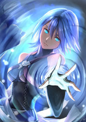 Rule 34 | 1girl, absurdres, aqua (kingdom hearts), blue eyes, blue hair, breasts, cleavage, closed mouth, commentary request, corset, detached sleeves, fingerless gloves, gloves, gogo (detteiu de), highres, kingdom hearts, kingdom hearts birth by sleep, looking at viewer, medium hair, solo