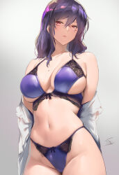 Rule 34 | 1girl, bra, breasts, cleavage, collarbone, commentary request, glasses, gradient background, grey background, highres, large breasts, looking at viewer, medium hair, mole, mole on breast, navel, panties, purple bra, purple hair, purple panties, red eyes, senran kagura, shirt, signature, solo, stomach, rin (senran kagura), underwear, white shirt, yaegashi nan