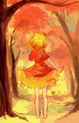 Rule 34 | 1girl, aki shizuha, autumn, autumn leaves, barefoot, blonde hair, dress, from behind, hair ornament, holding, holding clothes, holding dress, motsuni (artist), outdoors, puffy short sleeves, puffy sleeves, short hair, short sleeves, solo, standing, touhou, tree
