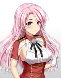 Rule 34 | 1girl, armpit cutout, blush, breasts, clothing cutout, earrings, gloves, gradient background, grey background, highres, jewelry, kantai collection, long hair, looking at viewer, luigi di savoia duca degli abruzzi (kancolle), medium breasts, monoku, pink eyes, pink hair, red shirt, shirt, short sleeves, sideboob, smile, solo, upper body, white gloves