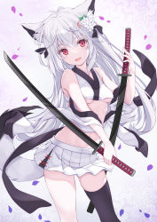 Rule 34 | 1girl, :d, animal ears, asymmetrical legwear, bare shoulders, black thighhighs, breasts, crop top, detached sleeves, dual wielding, flower, fox ears, fox girl, fox tail, hair flower, hair ornament, highres, holding, holding sword, holding weapon, katana, long hair, looking at viewer, medium breasts, midriff, miniskirt, navel, open mouth, original, pleated skirt, red eyes, reverse grip, sheath, sheathed, shirt, single thighhigh, skirt, sleeveless, sleeveless shirt, smile, solo, stomach, sword, tail, tenmu shinryuusai, thighhighs, thighs, underboob, very long hair, weapon, white hair, white shirt, white skirt, wide sleeves