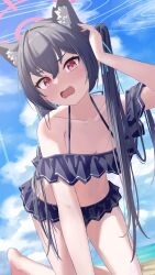 Rule 34 | 1girl, absurdres, adjusting hair, animal ear fluff, animal ears, arm support, beach, bikini, black bikini, blue archive, blush, breasts, cat ears, cloud, cloudy sky, collarbone, crossed bangs, fang, frilled bikini, frills, fukujin, hair between eyes, halo, hand out of frame, highres, knees out of frame, long hair, looking at viewer, official alternate costume, open mouth, outdoors, red eyes, red halo, serika (blue archive), serika (swimsuit) (blue archive), sidelocks, sky, small breasts, solo, swimsuit, twintails, very long hair