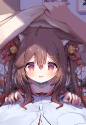 Rule 34 | 1boy, 1girl, animal ear fluff, animal ears, bandaid, bandaid on face, bandaid on hand, bed, bed sheet, bell, blush, brown eyes, brown hair, fang, floral print, fox ears, fox girl, hair ornament, hairclip, hands on another&#039;s chest, highres, japanese clothes, jingle bell, kimono, long hair, looking at viewer, lying, on back, on person, on stomach, open mouth, original, pov, print kimono, shirt, siera (sieracitrus), smile, two side up, white shirt
