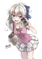 Rule 34 | 10s, 1girl, :d, arm up, bag, blue eyes, blush, bow, bracelet, camcorder, casual, cellphone, charlotte (anime), frilled skirt, frills, hair bow, handbag, jewelry, morigami (morigami no yashiro), open mouth, phone, ponytail, silver hair, simple background, skirt, smartphone, smile, solo, tank top, tomori nao, twitter username, video camera, white background