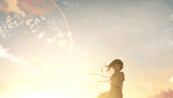 Rule 34 | 1girl, arms behind back, black hair, collared shirt, commentary request, highres, jewelry, lens flare, medium hair, necklace, oka kojiro, original, pleated skirt, scenery, school uniform, shirt, skirt, sky, solo, sunlight, sunset, white shirt