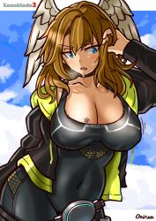 Rule 34 | 1girl, angel wings, blue eyes, bodysuit, breast tattoo, breasts, brown hair, cleavage, covered navel, eunie (xenoblade), highres, jacket, large breasts, legs, oniisan, open clothes, open jacket, open mouth, short hair, solo, sweat, tattoo, thick thighs, thighs, wings, xenoblade chronicles (series), xenoblade chronicles 3