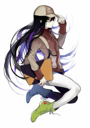Rule 34 | 1girl, baseball cap, black hair, boots, brown jacket, closed mouth, floating, floating hair, from side, green eyes, green footwear, hand on headwear, hand up, hat, highres, holding, jacket, long hair, long sleeves, looking at viewer, looking to the side, multicolored hair, original, pale skin, profile, purple hair, simple background, solo, two-tone hair, white background, yamakawa