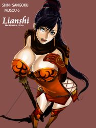 Rule 34 | 1girl, black hair, bow (weapon), breasts, cleavage, crossbow, earrings, jewelry, large breasts, lian shi, long hair, ponytail, shin sangoku musou, thighhighs, weapon
