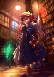 Rule 34 | 1girl, book, bookshelf, bow, breasts, capelet, checkered floor, coat, crescent, dress, floating rock, gem, glowing, grimoire, hair ribbon, hat, lamp, large breasts, library, long hair, long sleeves, mob cap, open clothes, open coat, open mouth, patchouli knowledge, pengin (takeoff425), power lines, purple dress, purple eyes, purple hair, ribbon, solo, striped clothes, striped dress, tile floor, tiles, touhou, tress ribbon, very long hair