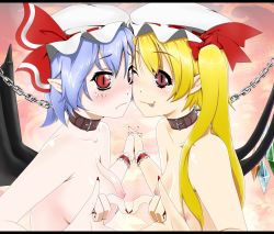Rule 34 | 2girls, :p, asymmetrical hair, bad id, bad pixiv id, bdsm, blonde hair, blue hair, blush, breasts, chain, cheek-to-cheek, collar, collarbone, female focus, flandre scarlet, holding hands, hat, heads together, heart, heart hands, heart hands duo, highres, interlocked fingers, letterboxed, multiple girls, nail polish, nipples, nude, one eye closed, pointy ears, red eyes, remilia scarlet, shigeruoomi, siblings, side ponytail, sisters, slit pupils, small breasts, tongue, tongue out, touhou, upper body, wings, wink, wrist cuffs