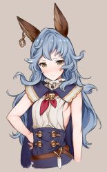 Rule 34 | 10s, 1girl, animal ears, backless outfit, blue hair, blush, brown background, brown eyes, closed mouth, cropped torso, erune, ferry (granblue fantasy), frown, granblue fantasy, hand on own hip, long hair, looking at viewer, saboten, simple background, solo, upper body, wavy hair