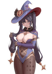 Rule 34 | 1girl, absurdres, alternate breast size, areola slip, black gloves, black hair, black pantyhose, blue eyes, blue hat, blue leotard, breasts, brooch, capelet, cleavage, closed mouth, covered navel, cowboy shot, detached sleeves, earrings, elbow gloves, fur-trimmed capelet, fur trim, genshin impact, gloves, groin, hat, highleg, highleg leotard, highres, jewelry, ke&#039;ai qu qu, large breasts, legs together, leotard, looking at viewer, mona (genshin impact), nipple slip, nipples, pantyhose, ponytail holder, purple capelet, sidelocks, simple background, solo, sparkle print, star (symbol), star earrings, swept bangs, thighs, twintails, white background, witch hat