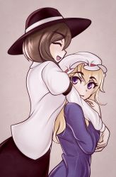 Rule 34 | 2girls, blonde hair, breasts, brown hair, cafeier, commentary, dress, english commentary, expressionless, closed eyes, hat, highres, hug, hug from behind, long hair, looking at another, maribel hearn, medium breasts, mob cap, multiple girls, open mouth, puffy sleeves, purple dress, purple eyes, simple background, smile, touhou, usami renko