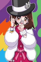 1girl :d absurdres black_hat bracelet brown_eyes brown_hair buttons collared_dress commentary_request creatures_(company) dress dynamax_band fur_jacket game_freak glasses gloria_(pokemon) hands_up hat highres index_finger_raised jacket jewelry looking_at_viewer nintendo open_clothes open_jacket open_mouth pokemon pokemon_swsh round_eyewear smile solo top_hat white_jacket yuu_(jgvj7873)