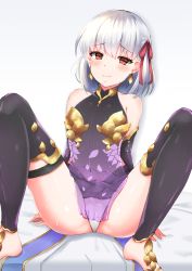Rule 34 | 1girl, absurdres, ass, blush, breasts, collar, covered navel, dress, earrings, fate/grand order, fate (series), feet, hair ribbon, highres, jewelry, kama (fate), kama (first ascension) (fate), leaning back, legs, long hair, looking at viewer, metal collar, navel, panties, purple dress, purple thighhighs, red eyes, ribbon, ripi ur, short hair, silver hair, sitting, small breasts, smile, solo, spread legs, thigh strap, thighhighs, thighs, underwear, white panties