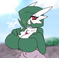 Rule 34 | 1girl, animated, animated gif, breasts, closed mouth, collarbone, creatures (company), flashing, game freak, gardevoir, gen 3 pokemon, green hair, half-closed eyes, highres, huge breasts, looking at viewer, navel, neayix, nintendo, nipples, outdoors, pokemon, pokemon (creature), red eyes, short hair, smile, smug, solo, upper body