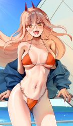 Rule 34 | 1girl, absurdres, bare shoulders, bikini, blonde hair, blue jacket, blue sky, blush, breasts, chainsaw man, cleavage, collarbone, cross-shaped pupils, demon horns, foxyreine, hair between eyes, highleg, highleg bikini, highres, horns, jacket, large breasts, long hair, long sleeves, looking at viewer, navel, off shoulder, open clothes, open jacket, open mouth, orange bikini, power (chainsaw man), red horns, sharp teeth, sky, smile, solo, swimsuit, symbol-shaped pupils, teeth, thighs, yellow eyes