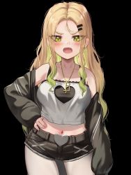 Rule 34 | 1girl, black background, black coat, black shorts, blonde hair, breasts, coat, colored inner hair, colored tips, contrapposto, cowboy shot, gradient hair, green eyes, green hair, hand on own hip, iruka blue (torriet), jitome, lace trim, long hair, looking at viewer, medium breasts, midriff, multicolored hair, navel, off shoulder, open clothes, open coat, open mouth, original, parted hair, short shorts, shorts, sidelocks, simple background, solo, straight-on, tank top, torriet, very long hair