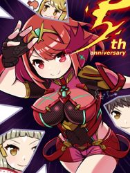 Rule 34 | black gloves, breasts, chest jewel, earrings, fingerless gloves, gloves, highres, jewelry, large breasts, ma2acworks, mythra (xenoblade), nia (xenoblade), pyra (xenoblade), red eyes, red hair, red shorts, rex (xenoblade), short hair, short shorts, shorts, swept bangs, thighhighs, tiara, xenoblade chronicles (series), xenoblade chronicles 2