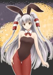 Rule 34 | 10s, 1girl, amatsukaze (kancolle), animal ears, bare arms, bare shoulders, black leotard, blush, bow, bowtie, brown eyes, brown pantyhose, cowboy shot, detached collar, fake animal ears, female focus, fuuma nagi, gluteal fold, hair tubes, head tilt, kantai collection, leaning, leaning forward, leotard, long hair, looking to the side, pantyhose, playboy bunny, rabbit ears, red ribbon, ribbon, silver hair, solo, standing, star (symbol), strapless, strapless leotard, two side up