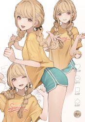 1girl absurdres blonde_hair blue_shorts braid brown_eyes commentary dolphin_shorts fang fujita_kotone gakuen_idolmaster hair_ornament hairclip highres idolmaster koh_(minagi_kou) long_hair multiple_views one_eye_closed open_mouth shirt short_sleeves shorts teeth twin_braids upper_teeth_only yellow_shirt