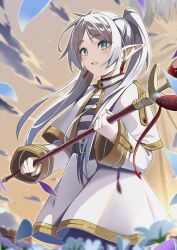 Rule 34 | 1girl, absurdres, aqua eyes, blush, commentary, cowboy shot, earrings, frieren, grey hair, highres, holding, holding staff, jewelry, light smile, long hair, long sleeves, looking at viewer, mizumok1, open mouth, pointy ears, robe, solo, sousou no frieren, staff, twintails, white robe