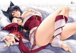 Rule 34 | 1girl, ahri (league of legends), animal ears, bare shoulders, black hair, blush, breast hold, breasts, brown eyes, cle masahiro, cleavage, detached sleeves, facial mark, fang, feet, female focus, fox ears, fox tail, large breasts, league of legends, long hair, looking at viewer, lying, multiple tails, on back, open mouth, solo, tail, toeless legwear, toes, yellow eyes