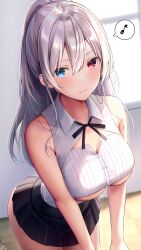 Rule 34 | 1girl, :3, absurdres, black ribbon, black skirt, blue eyes, blush, breasts, cleavage, closed mouth, commentary request, grey hair, hair between eyes, heterochromia, highres, large breasts, long hair, looking at viewer, musical note, neck ribbon, original, ramchi, red eyes, ribbon, shirt, signature, skirt, sleeveless, sleeveless shirt, smile, solo, speech bubble, spoken musical note, thighs, underboob, white shirt