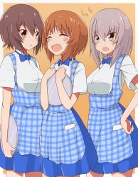 Rule 34 | 10s, 3girls, :d, ^ ^, alternate costume, angry, anna miller, apron, blue dress, blue eyes, blush, bow, bowtie, brown eyes, brown hair, cbgb, closed eyes, cowboy shot, dress, dress shirt, fume, girls und panzer, hands on own hips, highres, holding, itsumi erika, kobeya uniform, long hair, looking at another, multiple girls, nishizumi maho, nishizumi miho, open mouth, orange background, parted lips, plaid, plaid apron, shirt, short hair, short sleeves, siblings, silver hair, sisters, smile, standing, sweatdrop, tray, underbust, waitress, white shirt