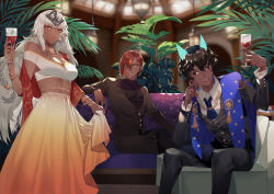 Rule 34 | 1girl, 3boys, alcohol, arjuna (fate), arjuna alter (fate), ashwatthama (fate), black eyes, black hair, black jacket, black pants, black undershirt, blue nails, blue neckwear, bracelet, breasts, brown hair, cleavage, clothes lift, commentary request, couch, cup, dark skin, drinking glass, earrings, fate/grand order, fate (series), fern, formal, hair ornament, headpiece, holding, holding cup, jacket, jewelry, lakshmibai (fate), large breasts, long hair, long skirt, looking at viewer, multiple boys, nail polish, necktie, pants, pink nails, red eyes, ring, shei99, shirt, sitting, skirt, skirt lift, suit, white hair, white shirt, white skirt, wine, wine glass, yellow eyes