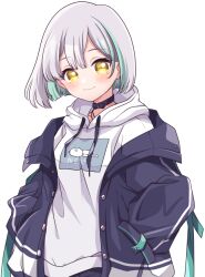 Rule 34 | 1girl, belt, belt collar, black belt, black jacket, black shorts, blue hair, blush, breasts, buttons, closed mouth, commentary request, cowboy shot, drawstring, grey hair, hands in pockets, hood, hood down, hoodie, jacket, kanade kanon, kino haruc, looking at viewer, medium bangs, medium breasts, multicolored hair, nanashi inc., off shoulder, open clothes, open jacket, short hair, shorts, simple background, smile, solo, streaked hair, two-tone hair, virtual youtuber, white hoodie, yellow eyes