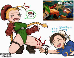 Rule 34 | &gt; &lt;, 2girls, antenna hair, artist name, beret, boots, braid, breasts, brown footwear, bun cover, cammy white, capcom, chinese clothes, chun-li, closed eyes, covered navel, dated, double bun, earrings, english text, fingerless gloves, flying sweatdrops, gloves, green leotard, hair bun, hat, hershuar, highleg, highleg leotard, jewelry, leotard, medium breasts, multiple girls, open mouth, pinching, puffy short sleeves, puffy sleeves, red headwear, reference inset, short sleeves, smile, street fighter, street fighter v, tears, twin braids