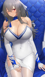 Rule 34 | 1girl, absurdres, azur lane, bare shoulders, blue ribbon, blush, breasts, cleavage, closed mouth, collarbone, covered navel, cross, cross earrings, dress, earrings, elbow gloves, gloves, grey hair, hair between eyes, hair ribbon, highres, jewelry, large breasts, long hair, looking at viewer, motono (sakamotono), neck ribbon, one eye closed, red eyes, ribbon, saint-louis (azur lane), saint-louis (holy knight&#039;s resplendence) (azur lane), saint-louis (holy knight&#039;s resplendence) (azur lane), thighhighs, thighs, white dress, white gloves, white ribbon, white thighhighs