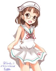 Rule 34 | 10s, 1girl, aged down, aikawa ryou, alternate costume, blunt bangs, breasts, brown eyes, brown hair, collarbone, cosplay, dress, eyewear strap, glasses, kantai collection, libeccio (kancolle), libeccio (kancolle) (cosplay), looking at viewer, open mouth, pince-nez, roma (kancolle), short hair, sleeveless, sleeveless dress, small breasts, solo, wavy hair, white dress