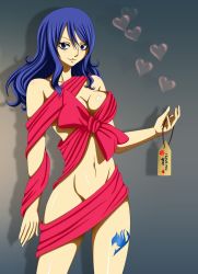 Rule 34 | 1girl, blue eyes, blue hair, breasts, collarbone, fairy tail, flowerinhell, grey background, heart, highres, juvia lockser, large breasts, long hair, looking at viewer, naked ribbon, navel, nude, ribbon, smile, standing, tag, tattoo, leg tattoo, valentine