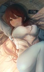Rule 34 | 1girl, :o, blush, bottle, bra visible through clothes, breasts, brown hair, cellphone, coffee upa, full-face blush, highres, idolmaster, idolmaster shiny colors, jacket, large breasts, long hair, looking at viewer, lying, medium breasts, on back, osaki tenka, pants, phone, solo, straight hair, sweatdrop, track jacket, track pants, very long hair, water bottle, wooden floor, yellow eyes