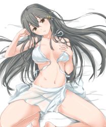 Rule 34 | 10s, 1girl, ame-rain, bikini, black hair, blush, breasts, cleavage, front-tie top, hair ornament, hairclip, haruna (kancolle), highres, kantai collection, large breasts, long hair, looking at viewer, navel, parted lips, sarong, shiny skin, sketch, solo, swimsuit, undressing, untied