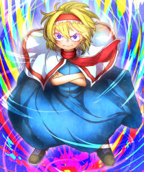 Rule 34 | 1girl, absurdres, alice margatroid, blonde hair, blue dress, blush, boots, brown footwear, capelet, closed mouth, colorful, commentary request, cookie (touhou), cross-laced footwear, crossed arms, dress, eyes visible through hair, frilled hairband, frills, full body, gaba physics, hair between eyes, hairband, highres, ichigo (cookie), long dress, looking at viewer, multicolored background, niwarhythm, pout, red hairband, red neckwear, short hair, solo, touhou, v-shaped eyebrows, white capelet