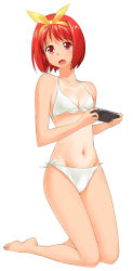 Rule 34 | 1girl, :o, a1 (initial-g), barefoot, bikini, bob cut, bow, breasts, cleavage, embarrassed, feet, flat chest, front-tie top, full body, groin, hair ribbon, hairband, handheld game console, highres, kamigishi akari, legs, long legs, navel, one-piece tan, open mouth, pink eyes, playing games, playstation portable, red hair, ribbon, short hair, side-tie bikini bottom, simple background, small breasts, soles, solo, surprised, swimsuit, tan, tanline, to heart, to heart (series), white bikini, yellow bow