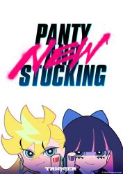 Rule 34 | 2girls, antenna hair, blonde hair, blue bow, blue eyes, blue nails, bow, copyright name, earrings, hair bow, highres, hoop earrings, imaishi hiroyuki, jewelry, key visual, looking at viewer, middle finger, multicolored hair, multiple girls, nail polish, official art, panty &amp; stocking with garterbelt, panty (psg), promotional art, purple hair, red nails, simple background, smile, stocking (psg), upper body, white background