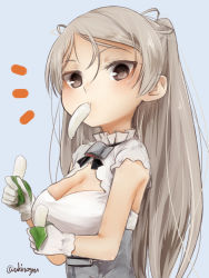 Rule 34 | 1girl, akino shuu, blue background, blush, breasts, brown eyes, cleavage, conte di cavour (kancolle), conte di cavour nuovo (kancolle), dress, eating, food, gloves, grey hair, holding, holding food, kantai collection, large breasts, long hair, mouth hold, short sleeves, simple background, solo, twitter username, upper body, white dress, white gloves