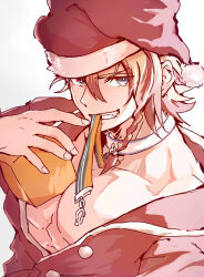 Rule 34 | 1boy, absurdres, axel syrios, blonde hair, blue eyes, braid, close-up, collar, collarbone, hair between eyes, hat, highres, holding, holostars, holostars english, leash in mouth, looking at viewer, male focus, medium hair, multicolored hair, open collar, pectoral cleavage, pectorals, red hair, red headwear, red shirt, santa costume, santa hat, shirt, side braid, teeth, toned, toned male, upper body, vam 111, virtual youtuber, white background