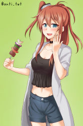 Rule 34 | 1girl, alternate costume, anti (untea9), black choker, black tank top, blue eyes, blue pants, blush, breasts, brown hair, choker, cleavage, collarbone, denim, denim shorts, eating, green background, grey jacket, hand to own mouth, highres, jacket, kantai collection, long hair, looking at viewer, medium breasts, midriff, navel, open clothes, open jacket, open mouth, pants, ponytail, saratoga (kancolle), shorts, side ponytail, sidelocks, simple background, solo, tank top, twitter username, upper body, white headwear