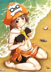 Rule 34 | 1girl, abs, adapted costume, armband, barefoot, beach, bike shorts, blush, breast hold, breasts, brown eyes, brown hair, covered erect nipples, detached collar, feet, female focus, female masturbation, guilty gear, hat, long hair, looking at viewer, masturbation, masturbation through clothes, may (guilty gear), medium breasts, midriff, naughty face, navel, nipple stimulation, nipple tweak, orange hat, pirate hat, sailor collar, sarong, sitting, smile, soles, solo, strapless, through clothes, toes, toned, tube top, wariza, yu yun
