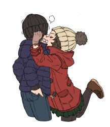 Rule 34 | 2girls, blush, brown hair, closed eyes, couple, cropped legs, denim, hands in pockets, hat tug, heart, jacket, jeans, knit hat, m k, multiple girls, original, pants, sketch, standing, standing on one leg, white background, winter clothes, yuri