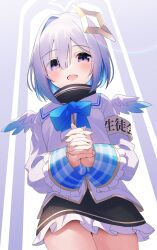 Rule 34 | 1girl, amane kanata, amane kanata (1st costume), angel, angel wings, armband, black dress, blue hair, blush, cropped jacket, dress, fragir, grey hair, hair intakes, halo, highres, hololive, jacket, looking at viewer, open mouth, own hands together, purple eyes, short hair, smile, solo, star halo, turtleneck, turtleneck dress, virtual youtuber, white jacket, wings, yellow armband