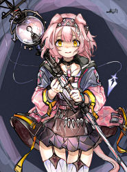 Rule 34 | 1girl, animal ears, arknights, black hairband, black skirt, cat ears, cat girl, cat tail, collarbone, commentary request, frilled skirt, frills, garter straps, goldenglow (arknights), hair between eyes, hairband, harukan tiusu, highres, holding, holding staff, jacket, lightning bolt print, long sleeves, looking at viewer, open clothes, open jacket, orb, parted lips, pink hair, pink jacket, print hairband, puffy long sleeves, puffy sleeves, shirt, signature, skirt, solo, staff, tail, thighhighs, white shirt, white thighhighs, yellow eyes